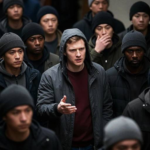 Tense Gathering in a Dimly Lit Room