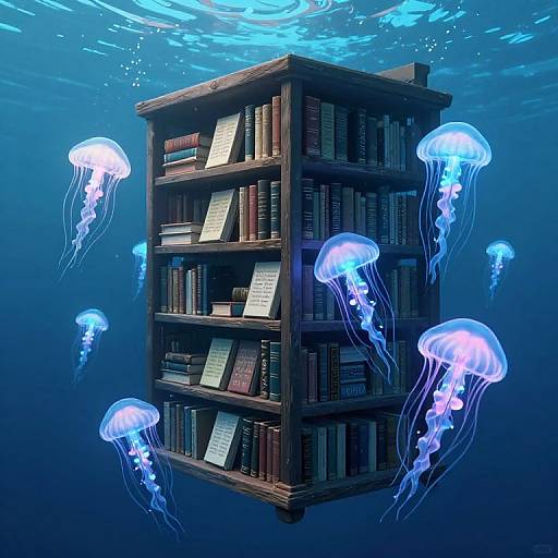 Photograph of a floating wooden bookshelf surrounded by glowing blue jellyfish in a deep blue underwater ocean scene.