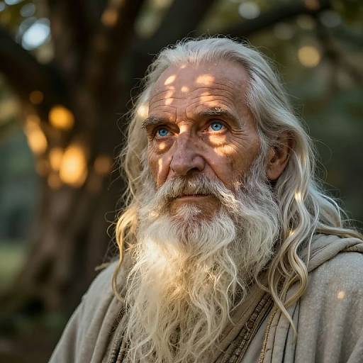 Photograph of an elderly man with long, wavy white beard, blue eyes, and sunlit forest background, wearing a beige robe.