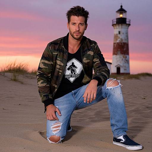 Photograph of a rugged, bearded man in camouflage jacket and ripped jeans kneeling on sandy beach at sunset, with a weathered lighthouse in the