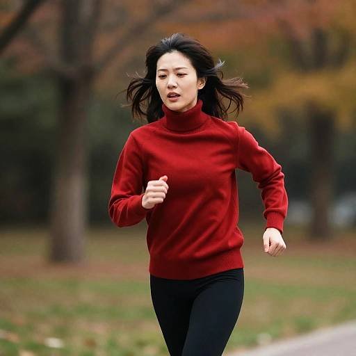 Dynamic Woman Running in Autumn Colors