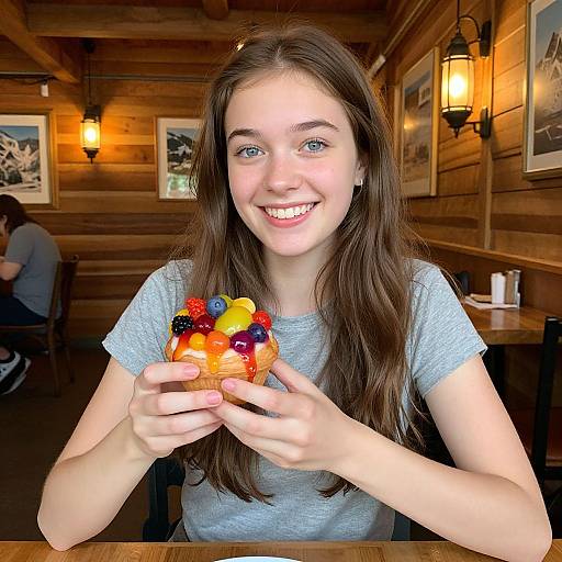 Photograph of a smiling young woman with long brown hair, blue eyes, and fair skin, holding a fruit-topped pastry in a rustic wooden cafe