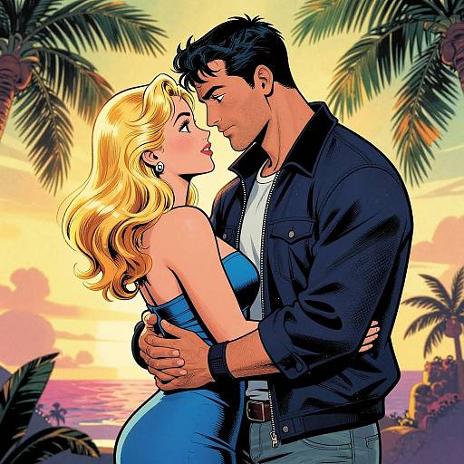 Digital art of a muscular man in a black jacket and a blonde woman in a blue dress, passionately embracing at sunset, surrounded by palm trees.