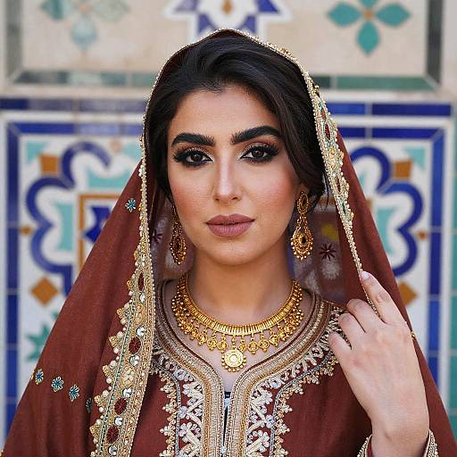 Photograph of a beautiful South Asian woman with dark hair, wearing an ornate brown veil, gold jewelry, and intricate embroidered outfit, standing against a