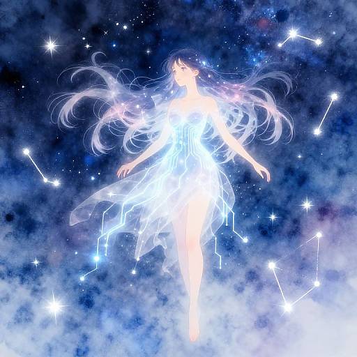 Digital anime-style illustration of a glowing, ethereal woman with long, flowing hair, surrounded by stars and constellations in a cosmic, cloudy sky