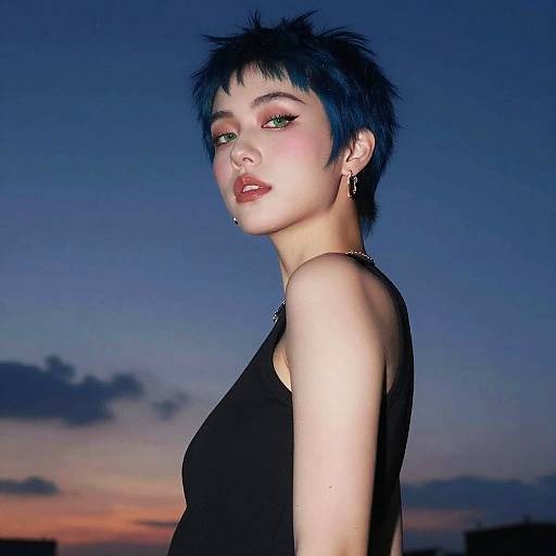 Woman with Blue Pixie Cut at Sunset