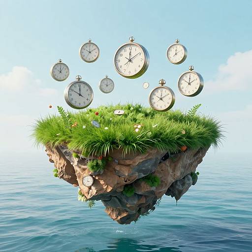 Floating island with lush green grass, colorful flowers, and seven floating clocks in various sizes above calm blue water.