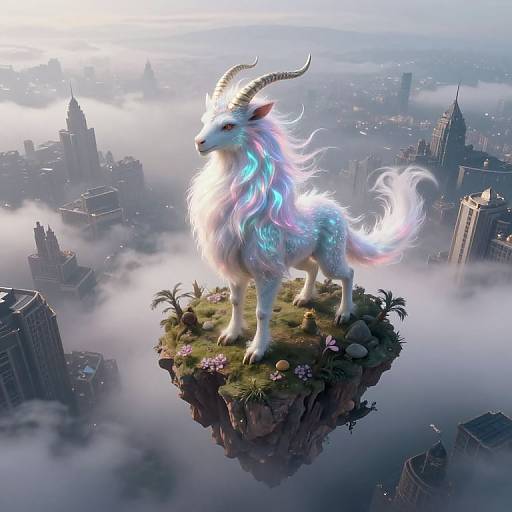 Digital fantasy artwork of a mythical, white, horned, glowing unicorn with iridescent mane standing on a floating island amidst a foggy cityscape