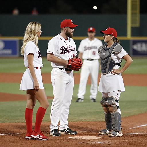 Nighttime Baseball Scene with Players and Woman