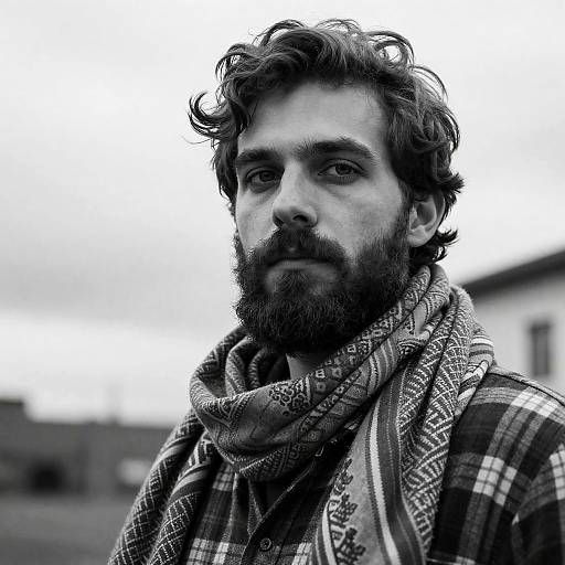 Black and White Portrait of Bearded Man with Scarf