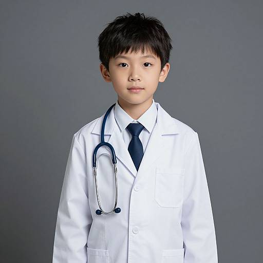 Photograph of an Asian boy with short black hair, wearing a white doctor's coat and black tie, with a stethoscope around his neck,