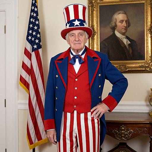 Photograph of elderly white man in red and blue Revolutionary War costume, tall top hat, standing before American flag and portrait.