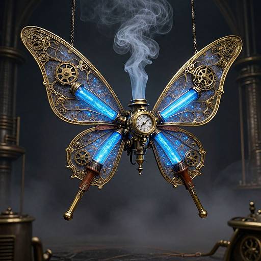 Steampunk mechanical butterfly with blue glowing lights, gold gears, and smoke, hanging in a dark, industrial Gothic-style room.