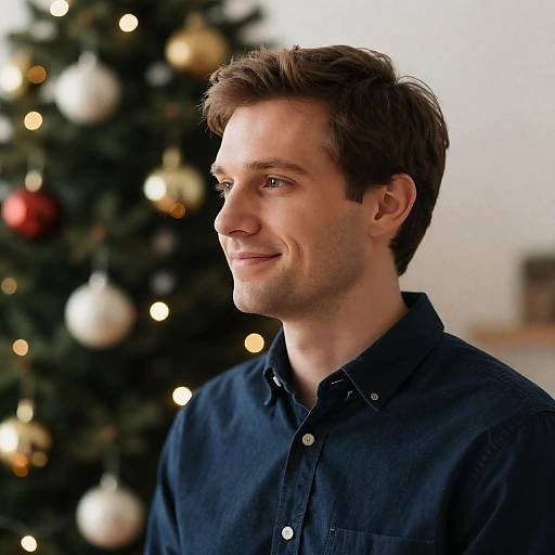 Man Smiling Near Decorated Christmas Tree