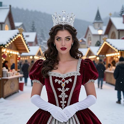 Photograph of a fair-skinned woman with dark curly hair, wearing a sparkling silver crown, red velvet gown with silver embroidery, white gloves, and
