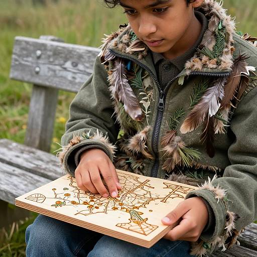 Young boy with medium skin tone, curly dark hair, wearing green parka with feather trim, sits on wooden bench drawing intricate patterns on a paper in