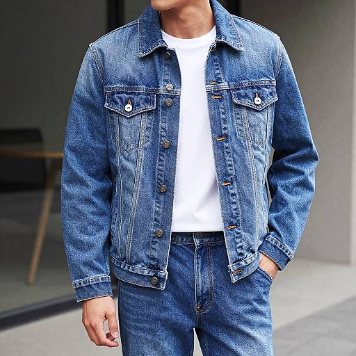Photograph of a man wearing a blue denim jacket with buttons, white t-shirt, and matching blue jeans, standing with hands in pockets, outdoors,
