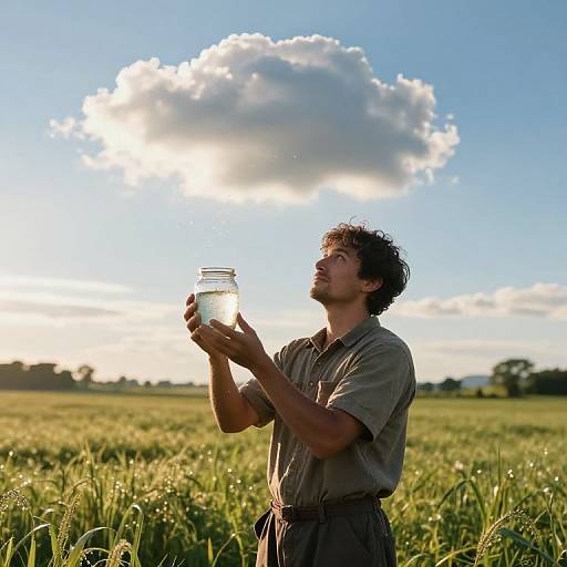 Photograph of a curly-haired man in a gray shirt holding a glass jar, looking up at a sunlit cloud in a green field.