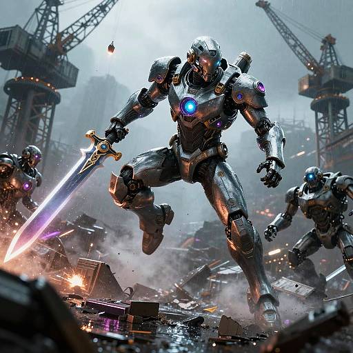 CGI image of a futuristic battle scene: armored, glowing-blue-eyed robotic warrior with sword, surrounded by debris, smoke, and other robots.