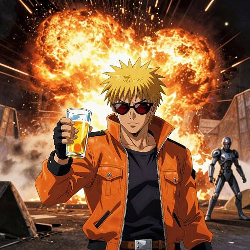Anime-style drawing of a blonde, sunglasses-wearing man in an orange jacket, holding a glass of orange liquid, with a massive explosion and another armored