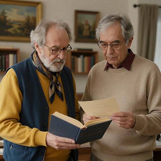 Two Elderly Men Reading Together Indoors