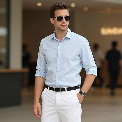 Photograph of a handsome man with short brown hair, wearing black sunglasses, light blue button-up shirt, white pants, black belt, and wristwatch