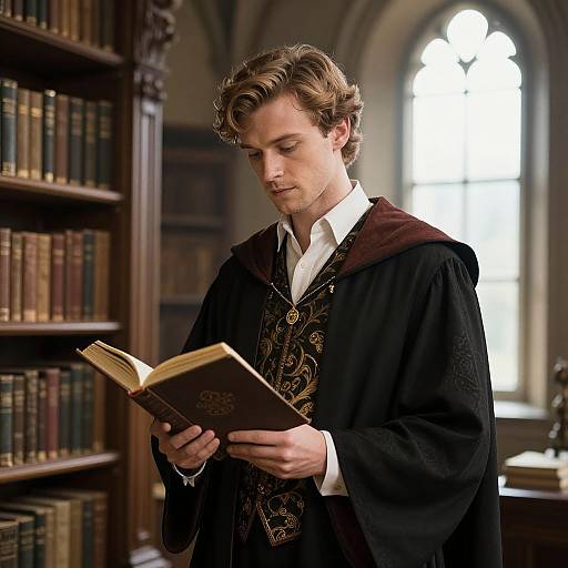 Photograph of a young, curly-haired man in a medieval-style black robe with gold embroidery, reading a book in a dimly lit, arched