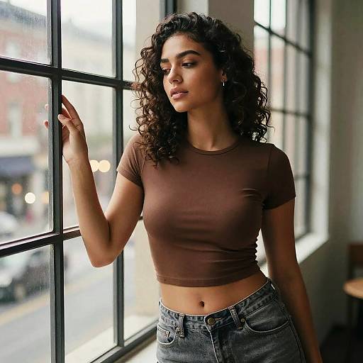 Photograph of a curly-haired, light-skinned woman in a brown crop top and blue jeans, standing by a sunlit window with urban background.