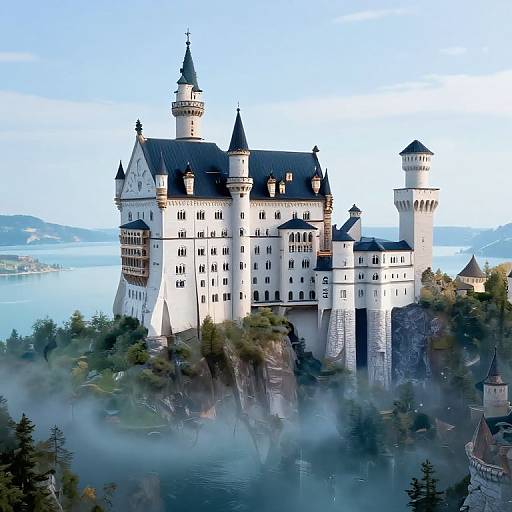Photograph of Neuschwanstein Castle, a fairytale-like white structure with multiple black-tipped towers, surrounded by misty forests and a