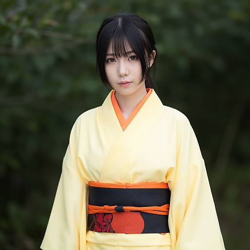 Photograph of a young East Asian woman with black hair in a yellow kimono with orange and black obi, standing in a green forest background.