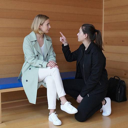 Kneeling Woman Points at Seated Companion