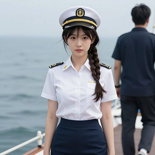 Photograph of an East Asian female naval officer with long braided black hair, white uniform, black skirt, and peaked cap, standing on a ship