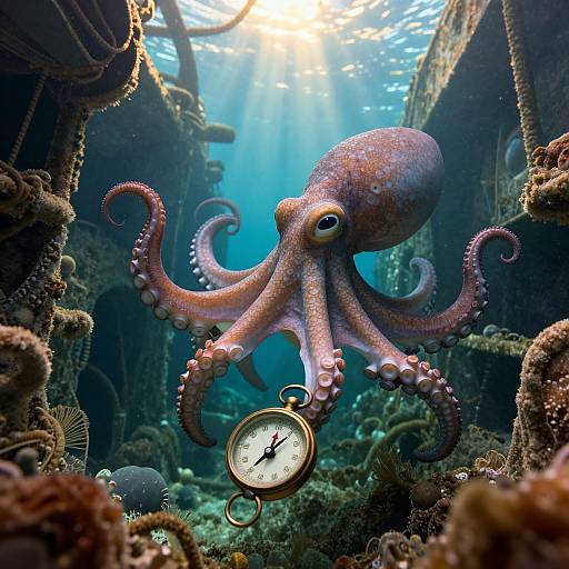 Photograph of a pink octopus with a brass stopwatch attached to its tentacle, swimming in an underwater shipwreck with sunlight filtering through the water