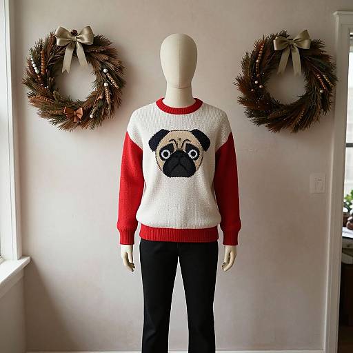 Photograph of a faceless mannequin wearing a white sweater with red sleeves and a pug face, standing between two Christmas wreaths on a