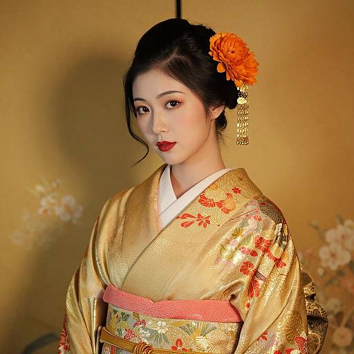 Elegant Woman in Gold Kimono Portrait