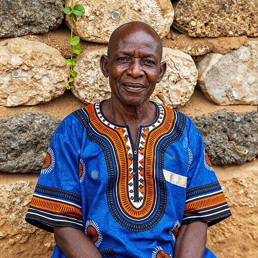 Photograph of an elderly African man with dark skin, bald head, wearing a vibrant blue traditional Dashiki with orange and black patterns, standing against a
