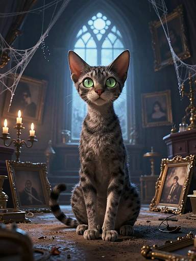 CGI image of a green-eyed, grey tabby cat with black spots sitting in a dimly lit, gothic-style room with candles, framed