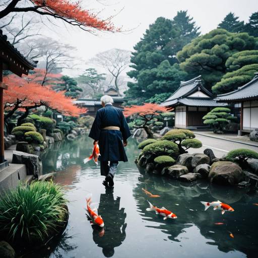 Senior Gardener Walking in Japanese Garden with Koi Fish