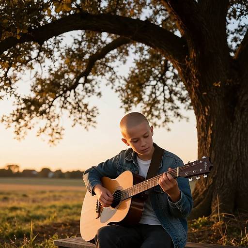 Photograph of a bald, young man playing an acoustic guitar under a large tree at sunset, wearing a denim jacket and striped tie.