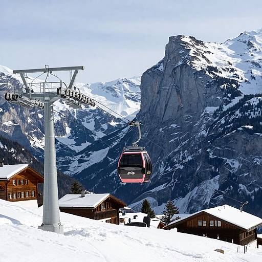 Photograph of a snowy mountain resort with a red ski lift chair ascending, surrounded by wooden cabins, and towering rocky peaks under a clear blue sky.