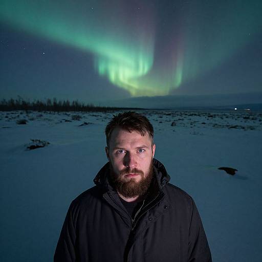 Photograph of a bearded man with short brown hair, wearing a black jacket, standing in a snowy landscape under vibrant green auroras.