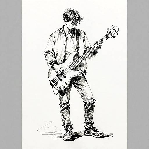 Brush Pen Silhouette of Teen Bassist