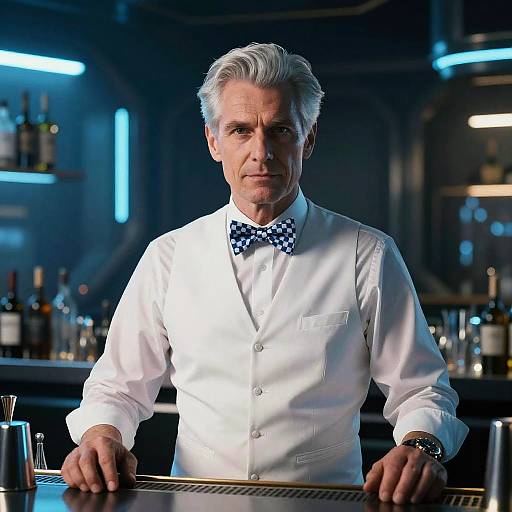 Cyberpunk Norwegian Bartender in Neon Bar