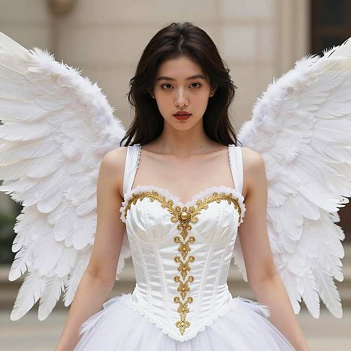 Woman in Detailed White Angel Costume with Feathered Wings