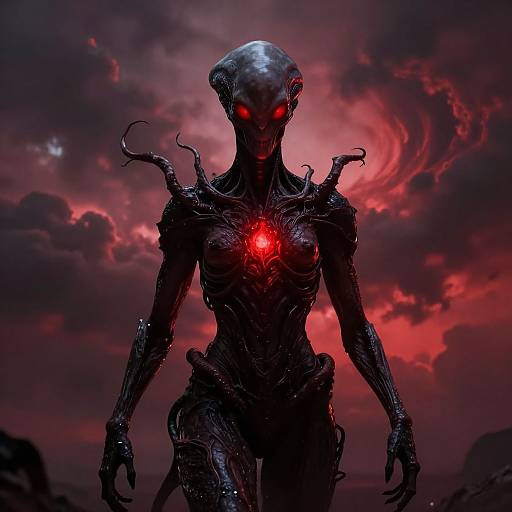Digital art of a dark, menacing, alien-like creature with glowing red eyes and a red heart-shaped glow on its chest, set against a dramatic,