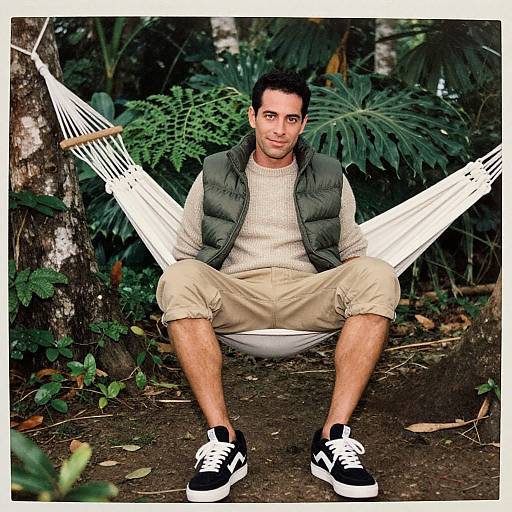 Photograph of a young man with short dark hair, green vest, beige sweater, khaki shorts, black sneakers, sitting in a white hammock