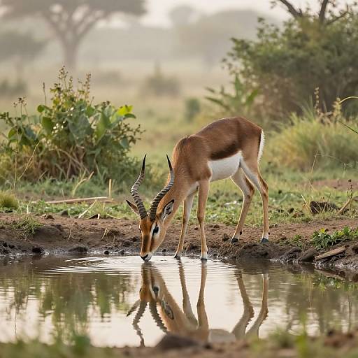 Photograph of a slender, brown and white antelope with curved horns, drinking from a reflective waterhole in a lush, sunlit savanna.