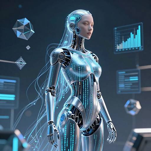 CGI image of a sleek, futuristic female android with glowing blue circuitry, long transparent hair, standing in a high-tech lab with holographic displays