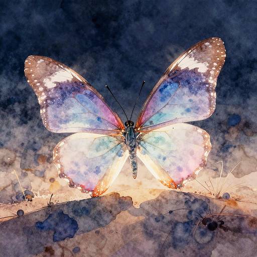 Photograph of a glowing butterfly with white, blue, and pink-tinted wings, illuminated against a dark, textured background on a snowy surface.
