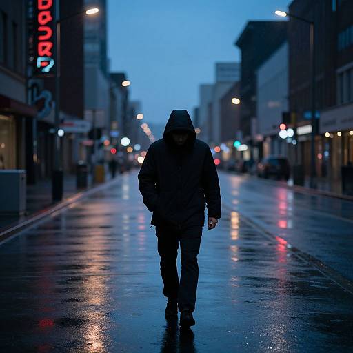 Silhouetted person in hooded coat walks down wet, illuminated city street at dusk, reflections glistening on the pavement. Neon 